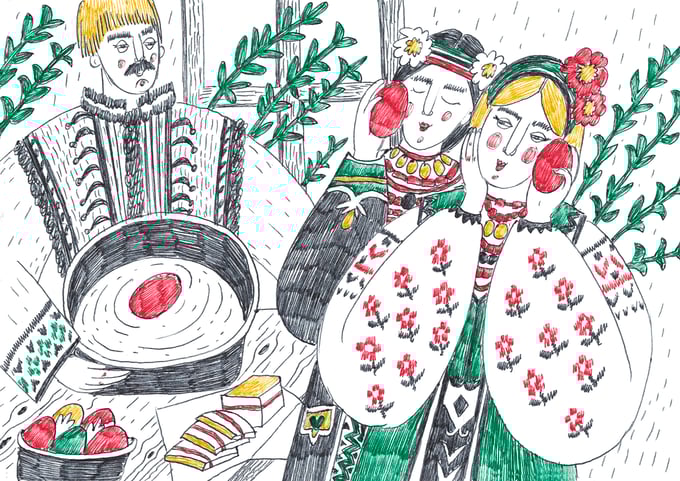 Дівчата вмиваються писанками. Ілюстрації Маргарити Якименко